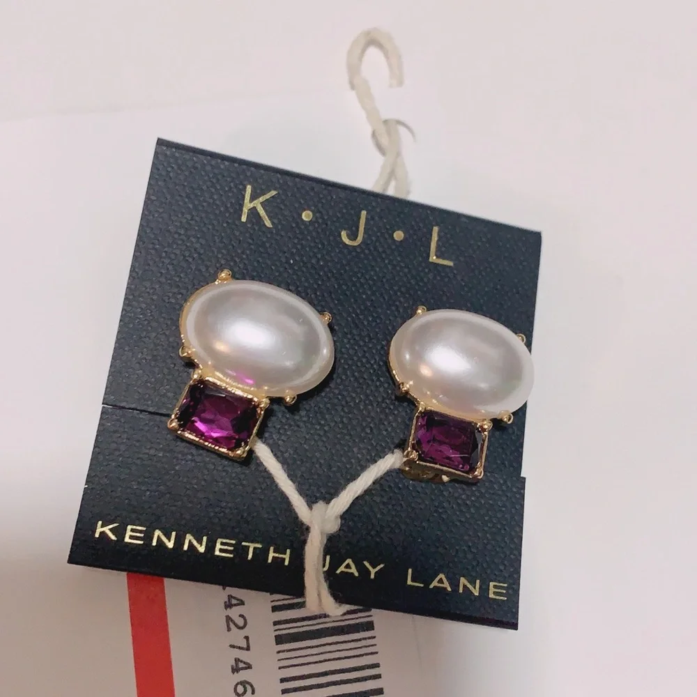 NWT Kenneth Jay Lane Purple Amethyst Crystal Pearl Clip On Earring - Picture 6 of 10